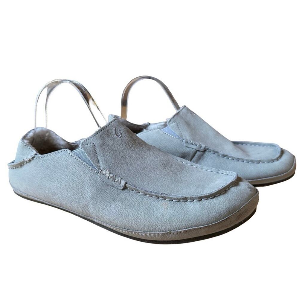 Olukai Moloa Slipper Sea Foam Green Leather Sheep Fur Lining Loafers Shoes 11